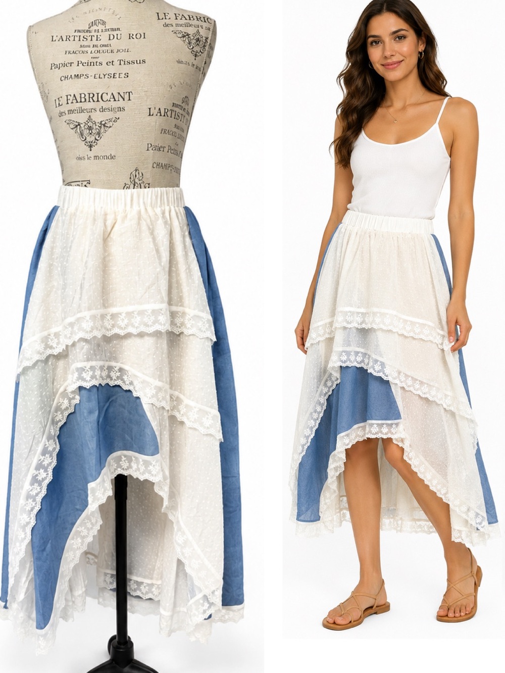 Boho Layered Lace High Low Maxi Skirt Cottage  Festival Romantic Prairie S